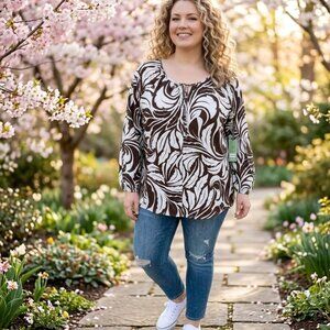 Terra & Sky Chocolate Brown Floral Botanical Scroll Top NWT 0X